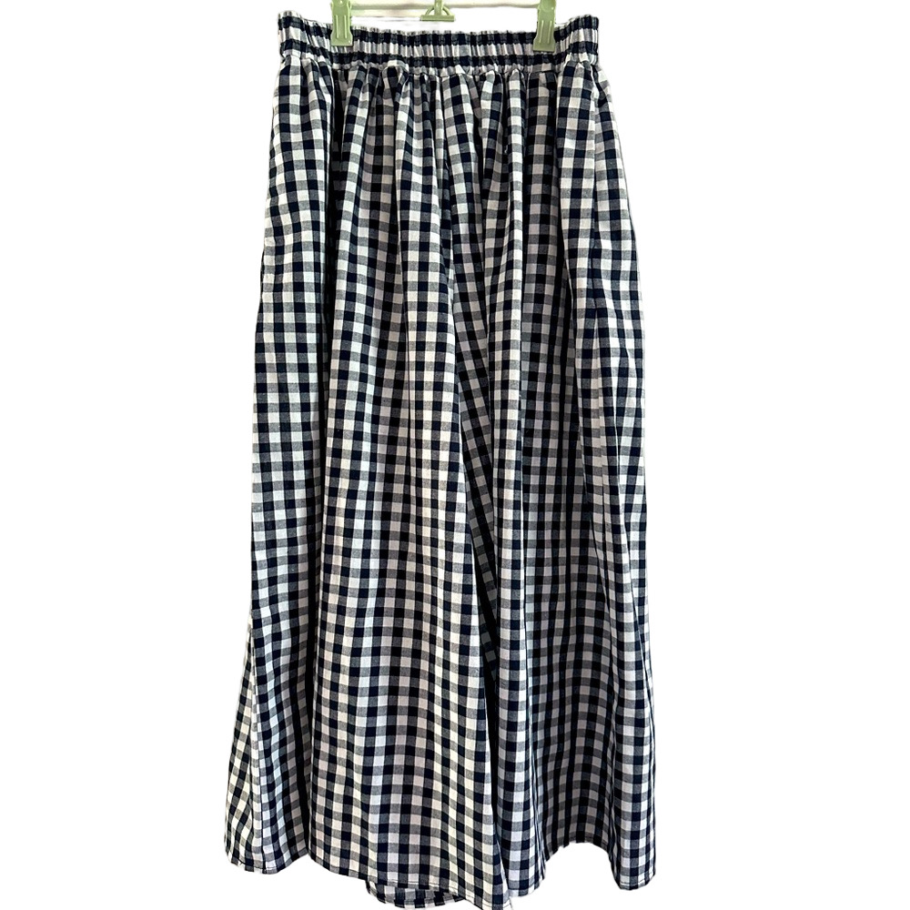 Black White Gingham Wide Leg Pants Linen Blend Pull-On Pockets Preppy - Sz Large
